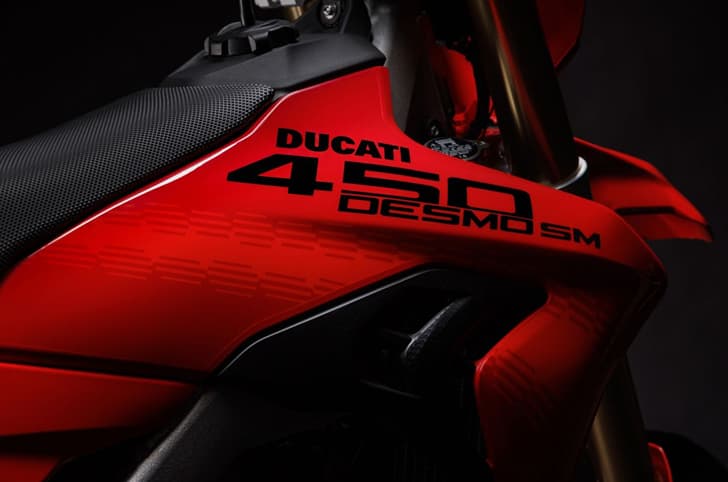 Inside close up image showing the tank panels of the Ducati Desmo450 SM.