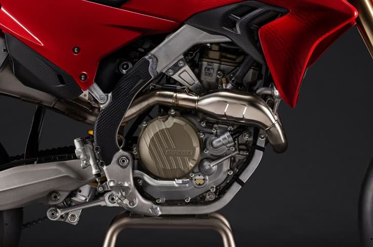 An inside close up image showing the Ducati Desmo450 SM's 449.6cc, single-cylinder engine.