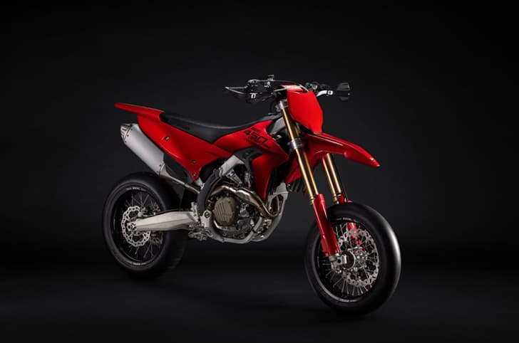 An inside image showing the Ducati Desmo450 SM's front right quarter profile.