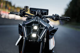 An outside close up image showing the KTM 990 Duke R's headlight