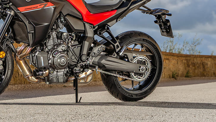 An outside close up image showing the Yamaha Tracer 7's 689cc parallel twin engine