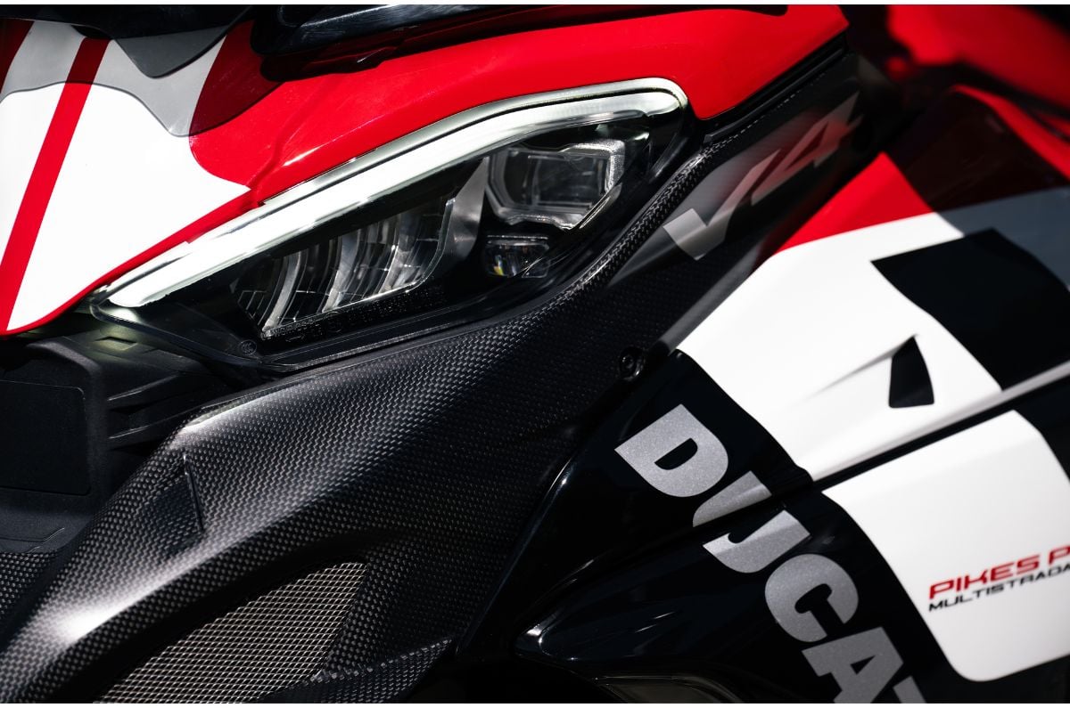Close-up image of the Multistrada V4 Pike Peak's headlight.
