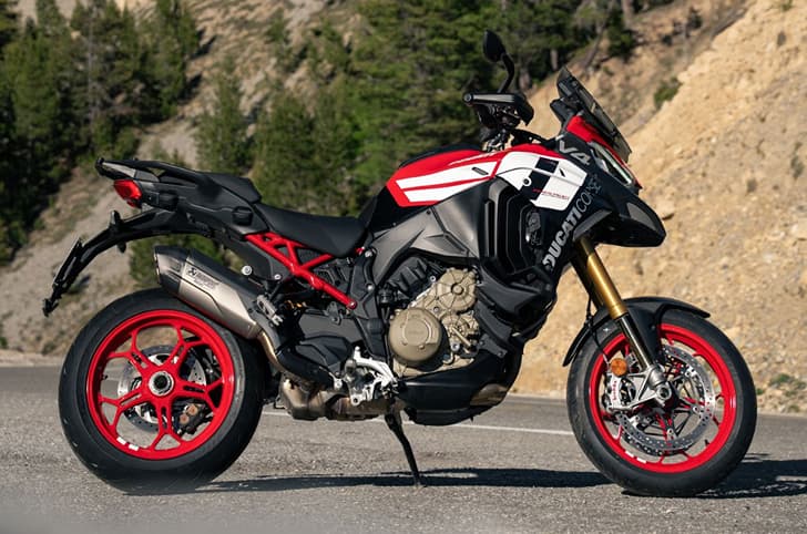 2027 Multistrada V4 Pikes Peak right profile with red front/rear wheels.
