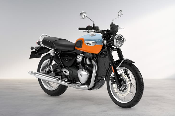 Triumph Bonneville T40 in Meridien Blue/Tangerine.