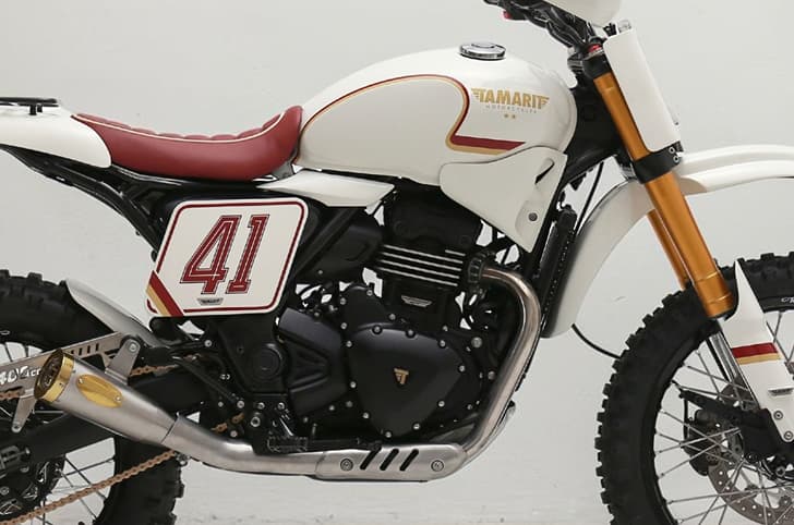 Close up of the Triumph Miura's TR400 engine that also powers the production version Scrambler 400 XC.