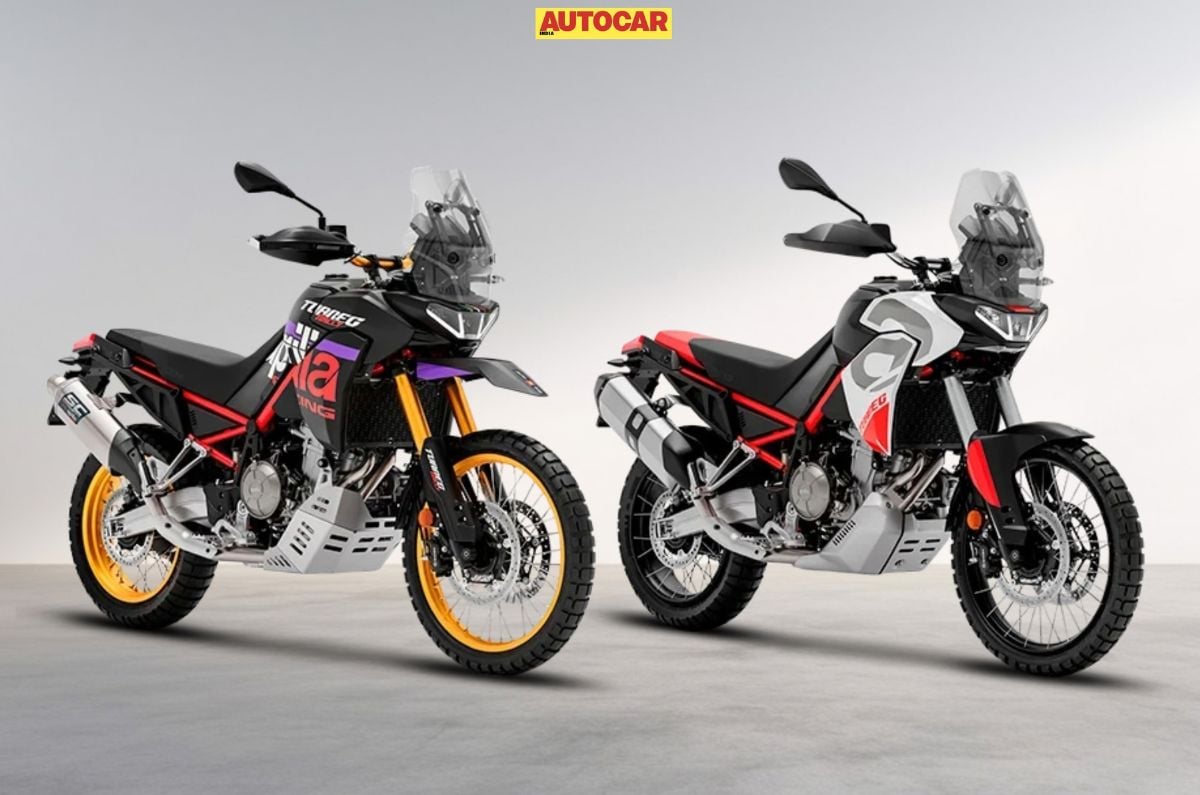 An indoor render showcasing the Aprilia Tuareg 660 and Tuareg Rally
