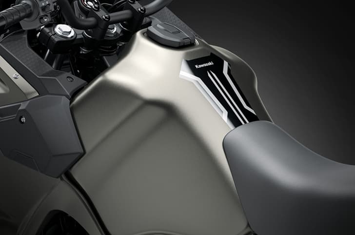 A close up indoor render of the fuel tank of the KLR650 DF