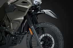 A close up indoor render showcasing the front suspension of the KLR650 DF