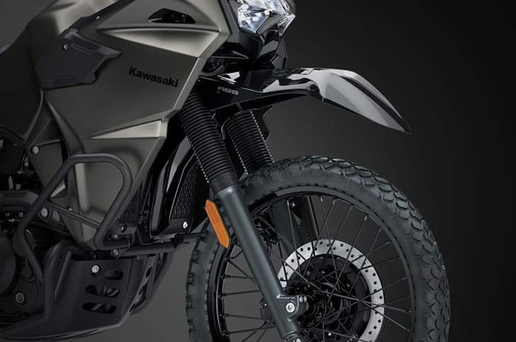 A close up indoor render showcasing the front suspension of the KLR650 DF