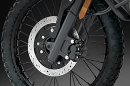 A close up indoor render of the KLR650 DF's front brake