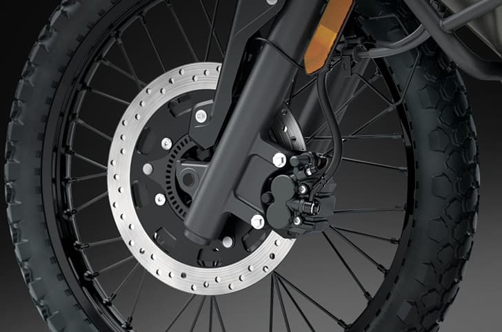 A close up indoor render of the KLR650 DF's front brake