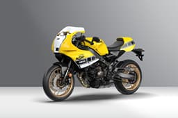 XSR900 GP's front left quarter inside shot in Legend Yellow.