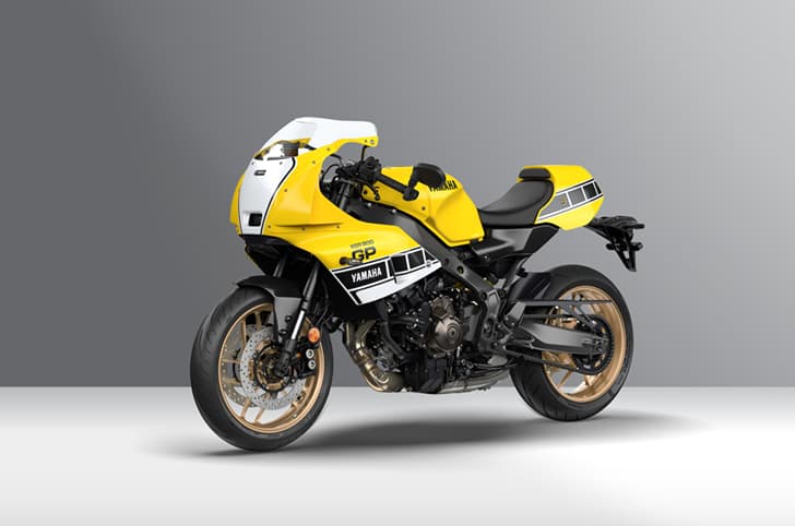XSR900 GP's front left quarter inside shot in Legend Yellow.