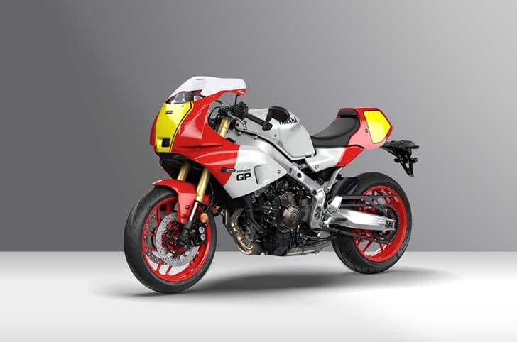 XSR900 GP's front left quarter inside shot in Legend Red.