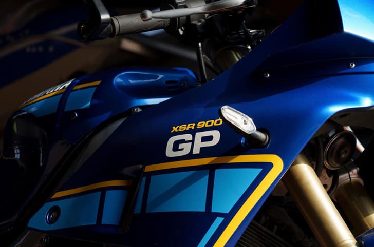 Close up of the XSR900 GP's front right side panel spelling out the name.