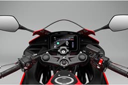 A closeup indoor render showing the cockpit view of the Honda CBR500R Four