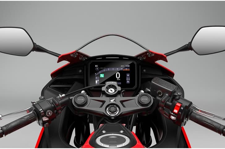 A closeup indoor render showing the cockpit view of the Honda CBR500R Four