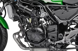 A closeup indoor render of the Kawasaki Z300's parallel-twin engine