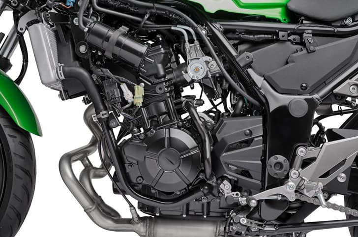 A closeup indoor render of the Kawasaki Z300's parallel-twin engine