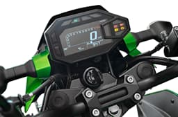 A closeup render of the Kawasaki Z300's reverse LCD instrument cluster