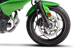 A closeup indoor render of the Kawasaki Z300's front wheel