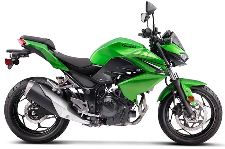 An indoor render of the Kawasaki Z300 left side profile