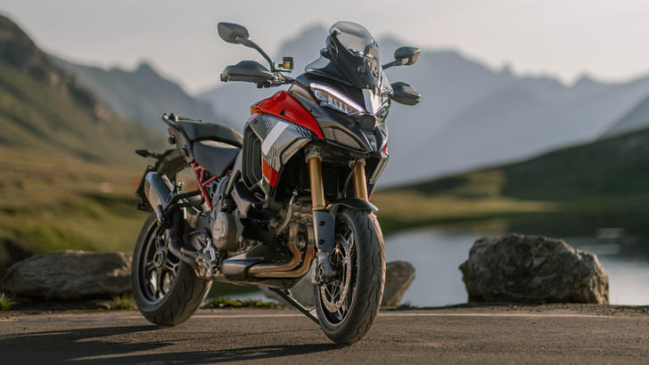 Multistrada V4 Pikes Peak static with a lake in the background