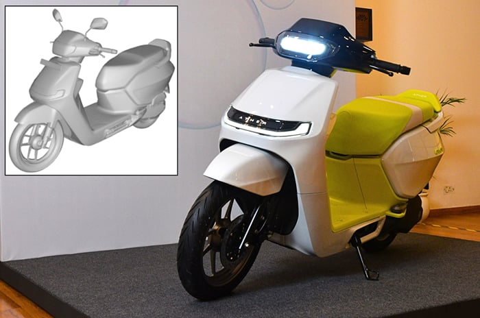 New Ather EL platform based electric scooter design patented Ather EL01 concept front left static in room