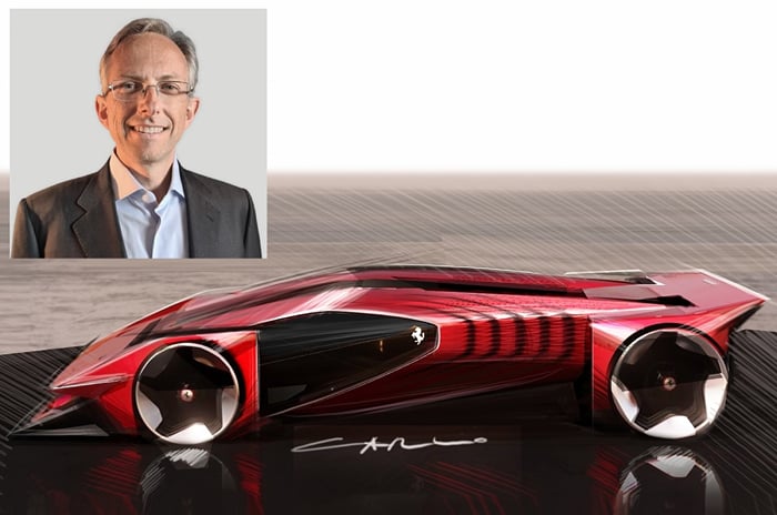 Ferrari F76 concept with chief executive officer Benedetto Vigna inset Ferrari F76 concept with chief executive officer Benedetto Vigna inset