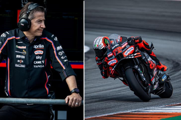 Aprilia Racing CEO Massimo Rivola profile shot with MotoGP racer Marco Bezzechhi during a race