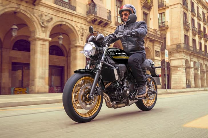 Kawasaki Z650RS front left side riding shot in city