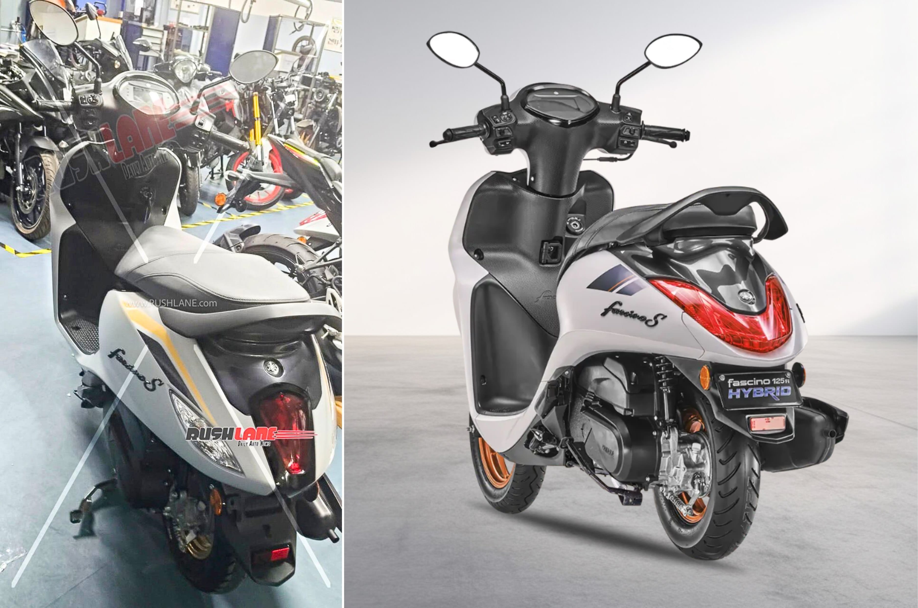 Rear left side angle of the Yamaha Fascino 125 scooter side by side with the updated model