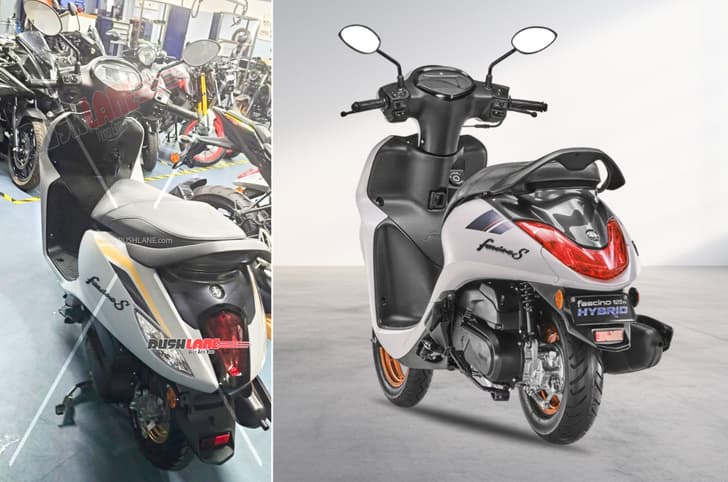 Rear left side angle of the Yamaha Fascino 125 scooter side by side with the updated model