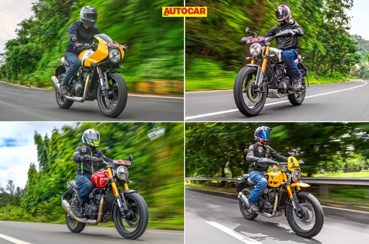 Collage of Triumph Thruxton 400, Scrambler 400 X, Scarmabler 400 XC, and Speed 400