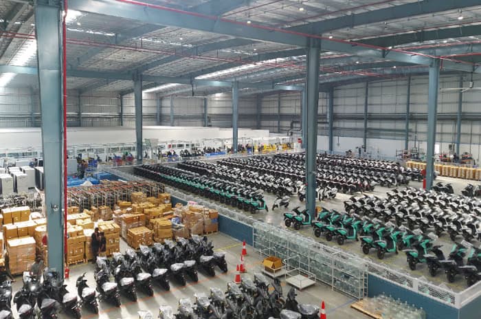 Multiple Ather scooters inside the factory in Hosur
