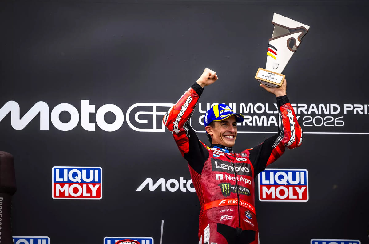 Marquez celebrating German GP win with a trophy