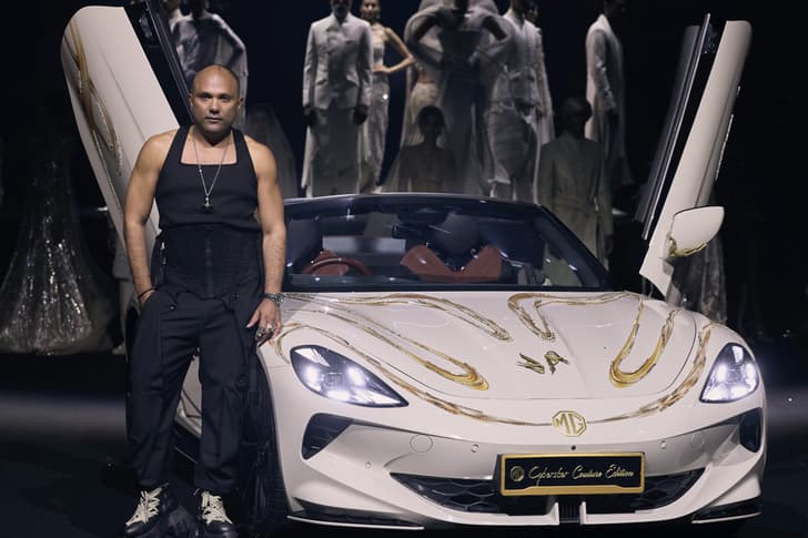 mg cyberster couture edition next to gaurav gupta