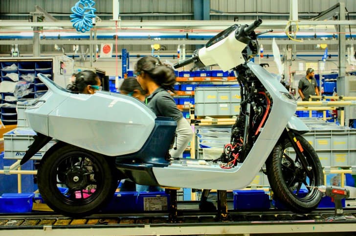 Ather EL scooter being assembled on production line in factory