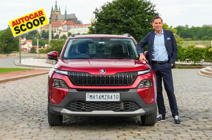 skoda kylaq europe export scoop skoda kylaq next to ceo klaus zellmer in prague