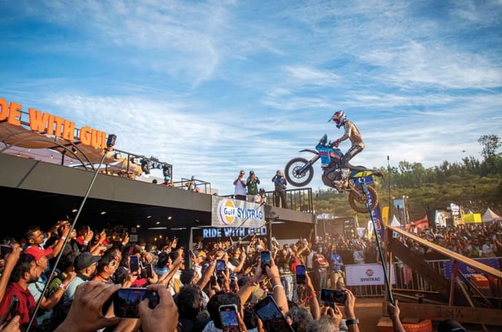 An outside shot showing enduro champion and rally racer Pol Tarrés performing a jump on his Yamaha Ténéré 700 at IBW 2025