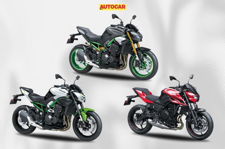 Studio render showing one new colour each on the Kawasaki Z900 SE, Z900, and Z650 S