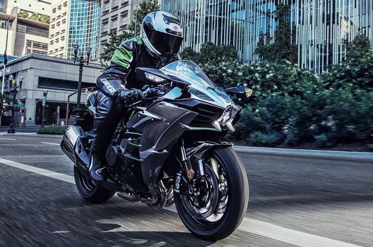 Outside action shot showing the Kawasaki Ninja H2