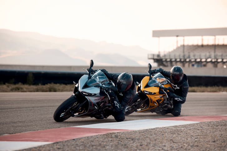 Outside action image of the 2026 Triumph Daytona 660 at the track.