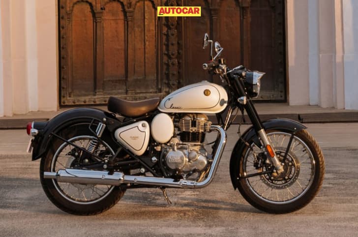 Outside image showing the Classic 350 in Signature White colour.