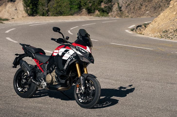 Outside image showing the Ducati Multistrada V4 Pikes Peak's front right quarter.