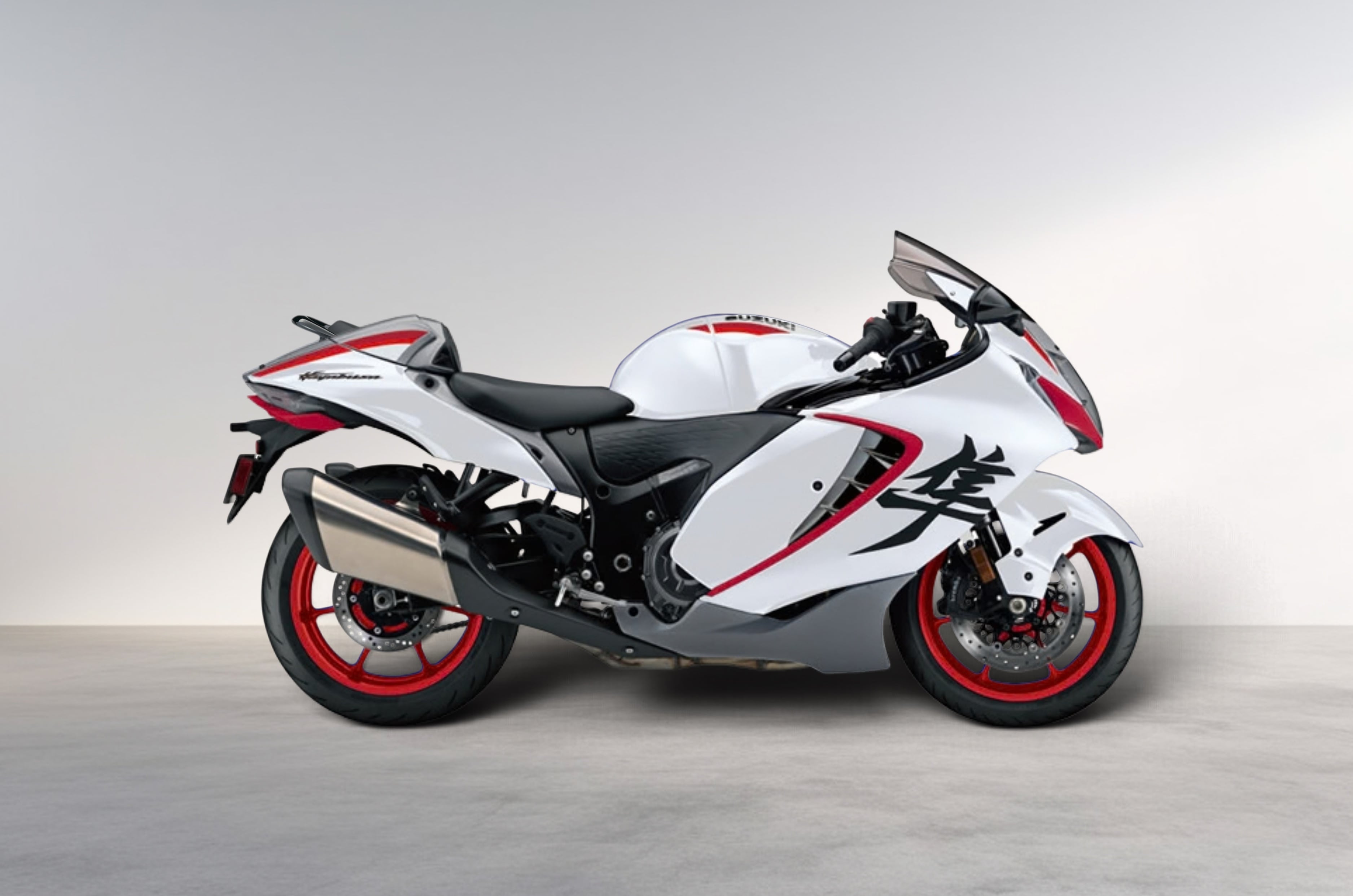 Inside render showing the 2027 Suzuki Hayabusa Special Edition in Pearl Brilliant White colour.