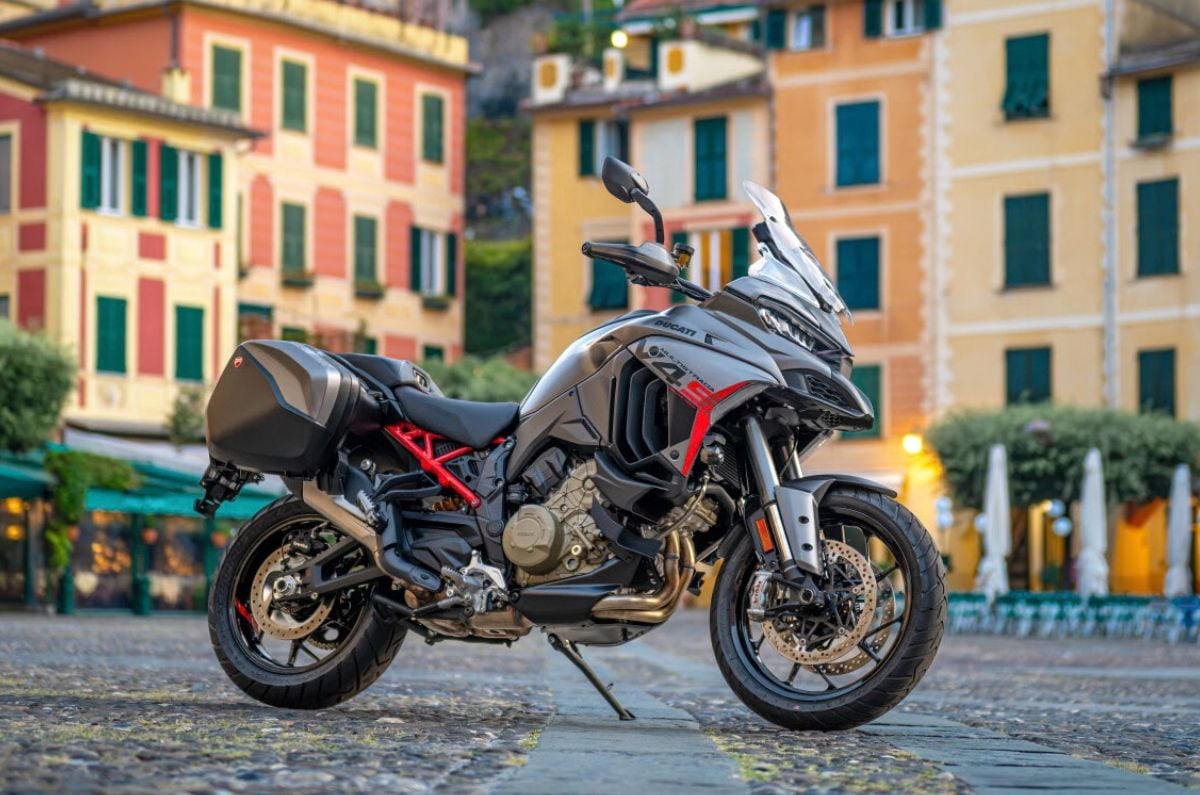 An outdoor shot showing the front right quarter of the Ducati Multistrada V4 S Grand Tour