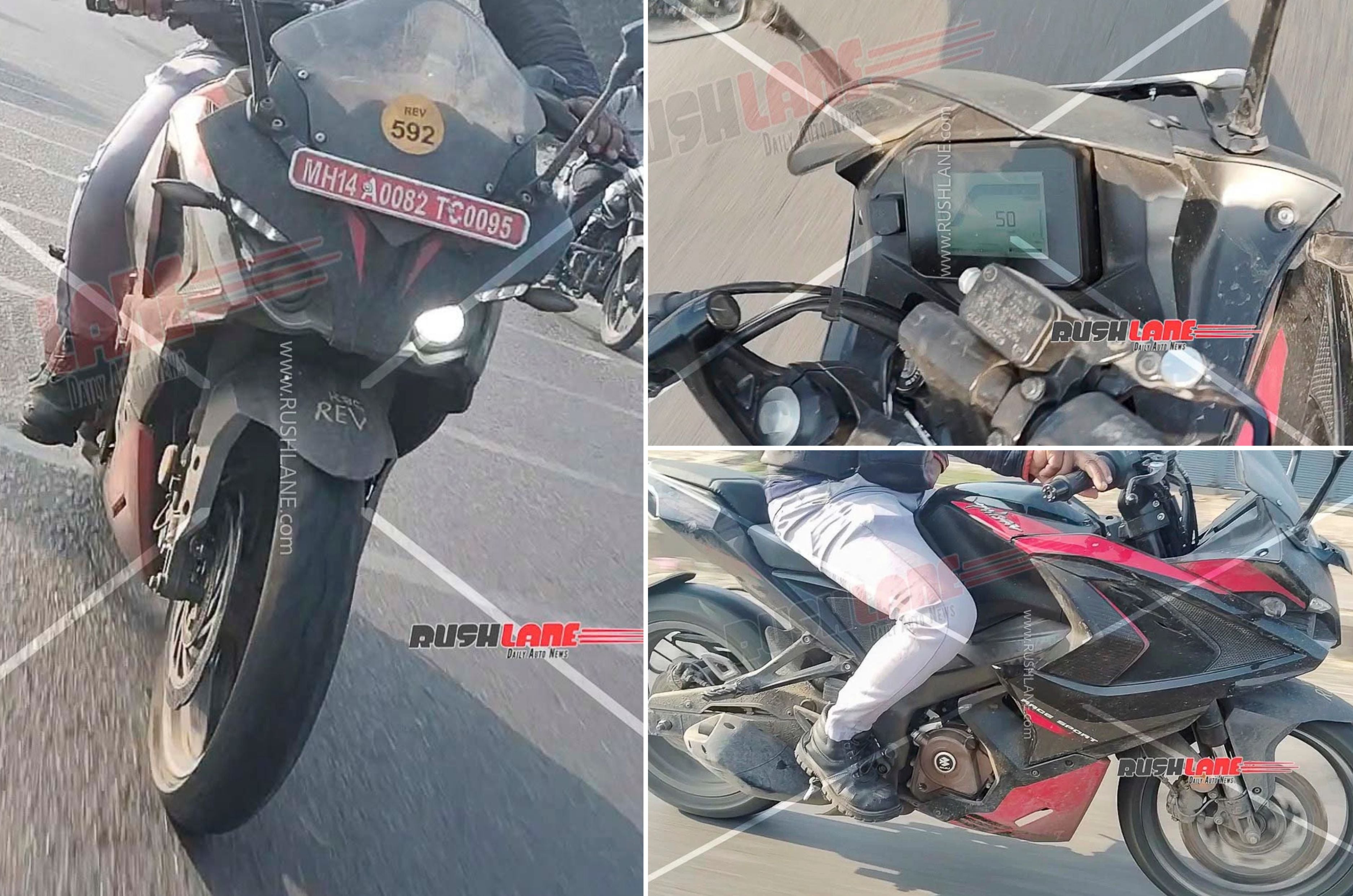 Bajaj Pulsar RS200's new 5-inch TFT screen, unchanged side profile and headlight in clockwise direction.