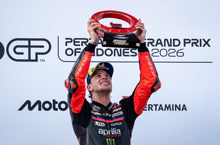 Marco Bezzecchi on the P1 podium at the Indonesian GP.