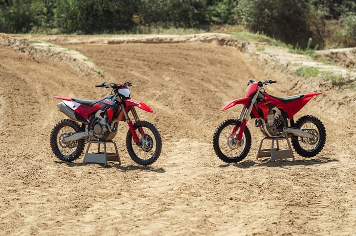 2027 Desmo450 MX Factory and 2027 Desmo450 MX from left to right.